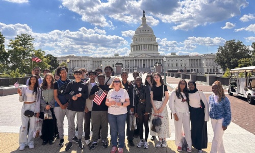 Year 12 politics students standing in front of the white house